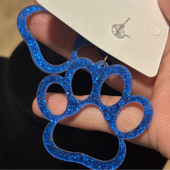 Cute Resin Cat Paw Stud Dangle Glitter Hook Earrings - Kitty Paw Earring BLUE - Picture 6 of 7